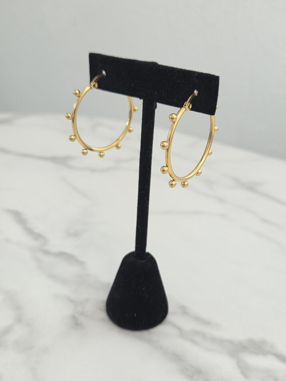 Gold Beaded Hoop Earrings Stainless Steel Studded Ball Hoops Womens Jewelry - Picture 4 of 9